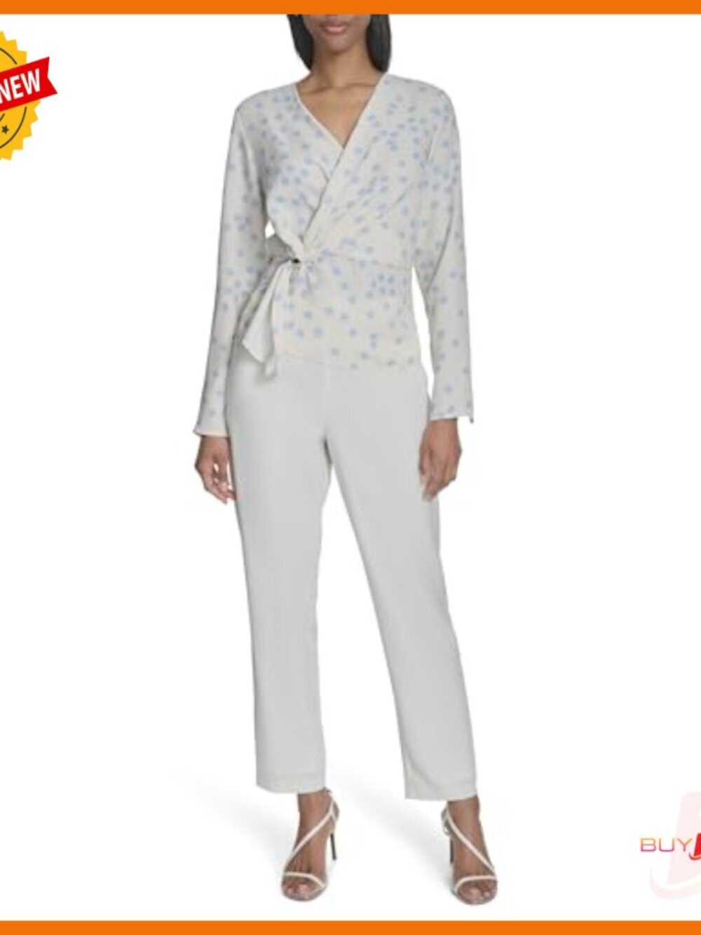 Long Sleeve Wrap Blouse with Hardware, Polka Dot Pattern, Regular Fit - Picture 2 of 6